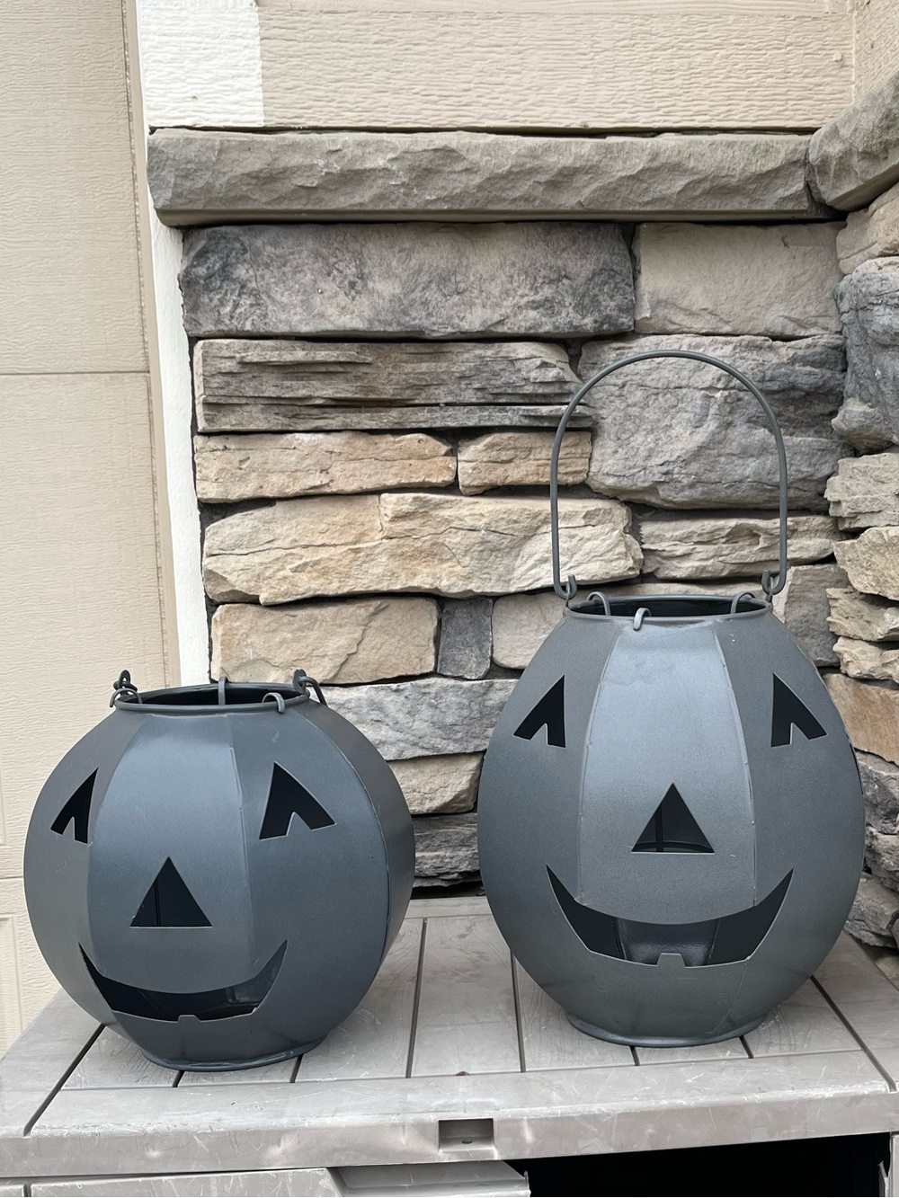 2 Gray Metal Pumpkin Jack-o’-lantern Luminary Lanterns w/ Hanging Candle Inserts